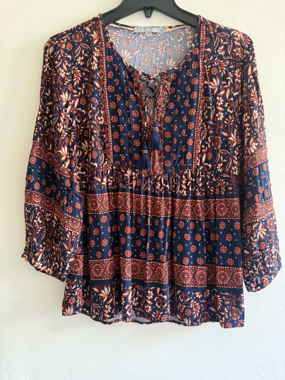 Daniel Rainn Navy and Rust Boho Tassel Peasant Top